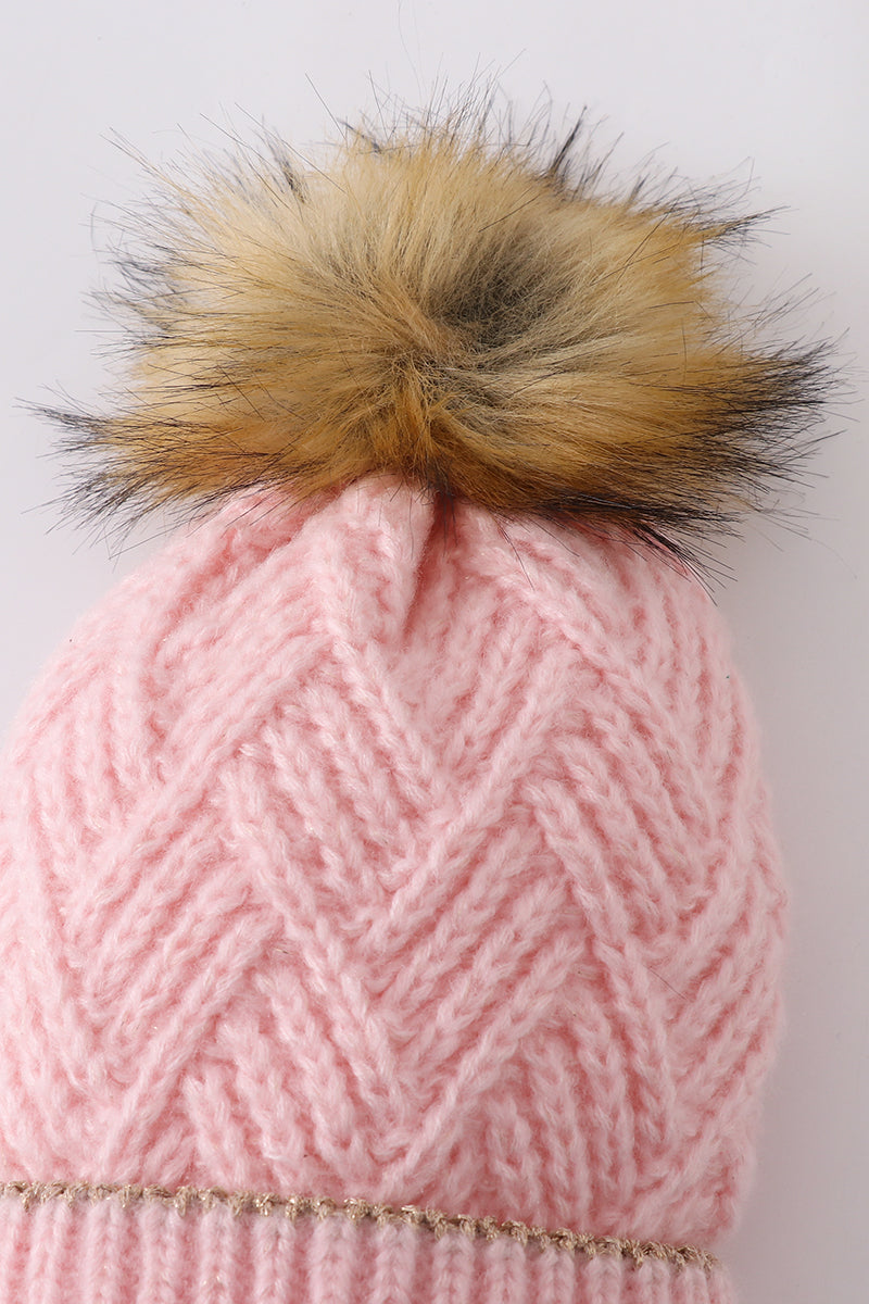 Pink cross cable knit pom pom beanie hat baby toddler adult