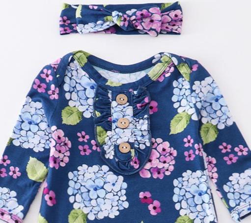 Navy floral print bamboo baby gown