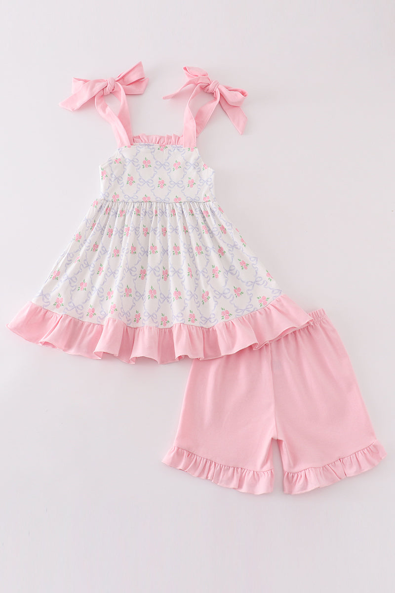 Pink bow floral print girl set