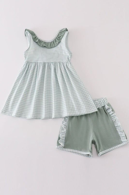 Green gingham girl ruffle set