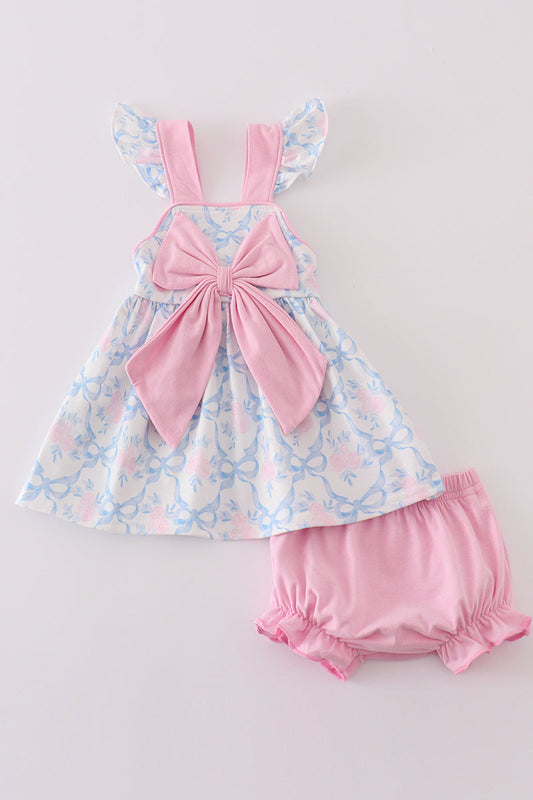 Blue bow tie print girl bloomer set