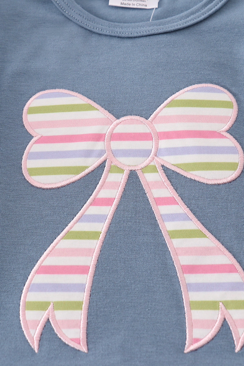 Blue bow applique girl bloomer set