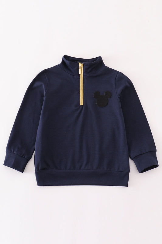 Navy character embroidery zip boy pullover