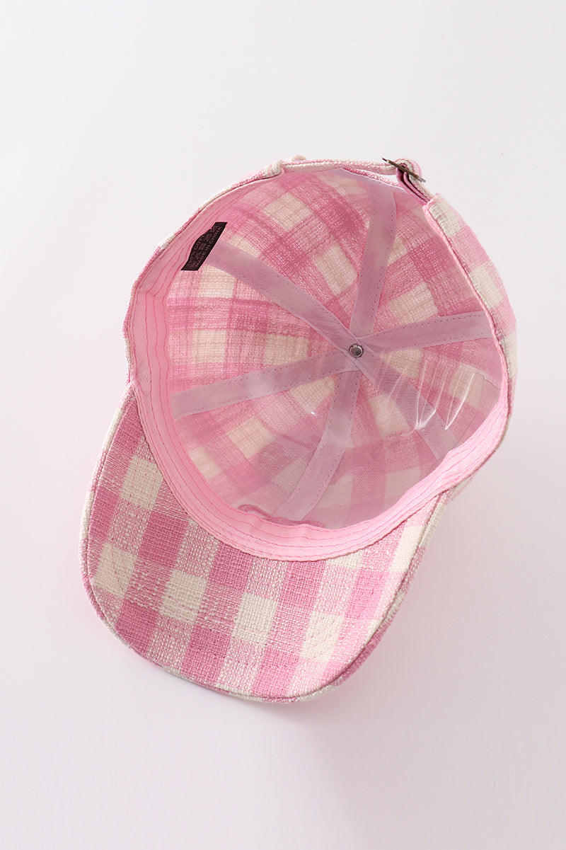 Pink plaid bow embroidery baseball cap