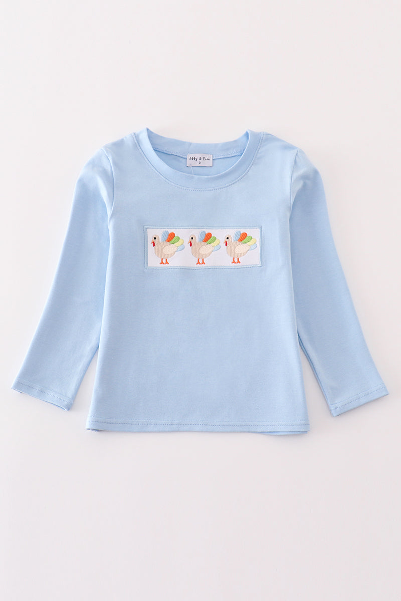 Blue turkey embroidery boy top