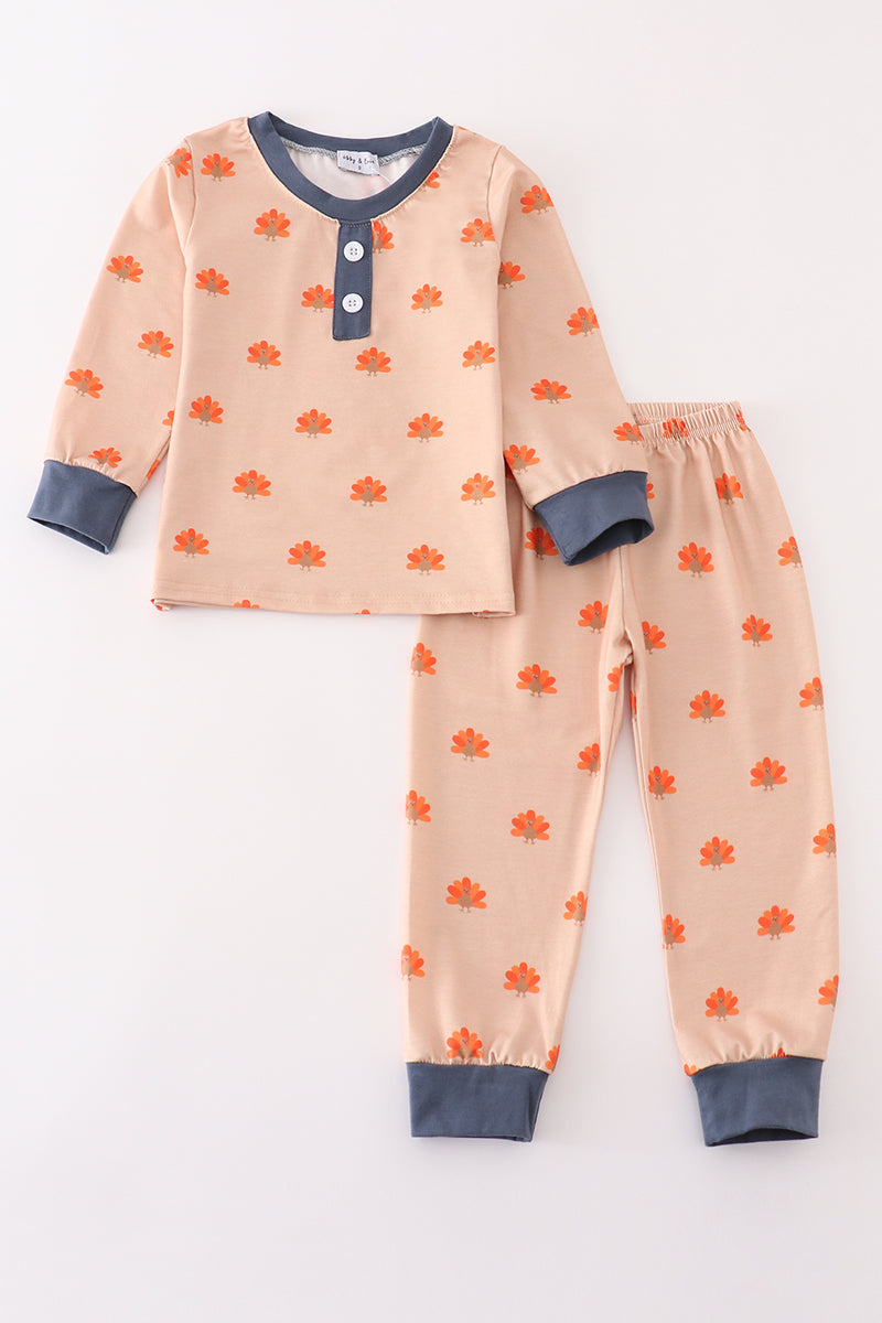 Khaki turkey print boy pajamas set