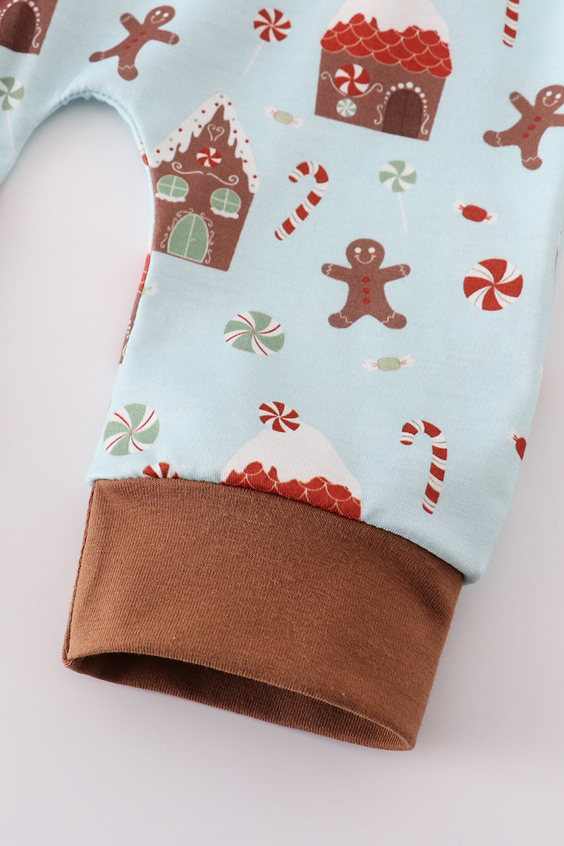 Blue christmas gingerbread boy zip romper