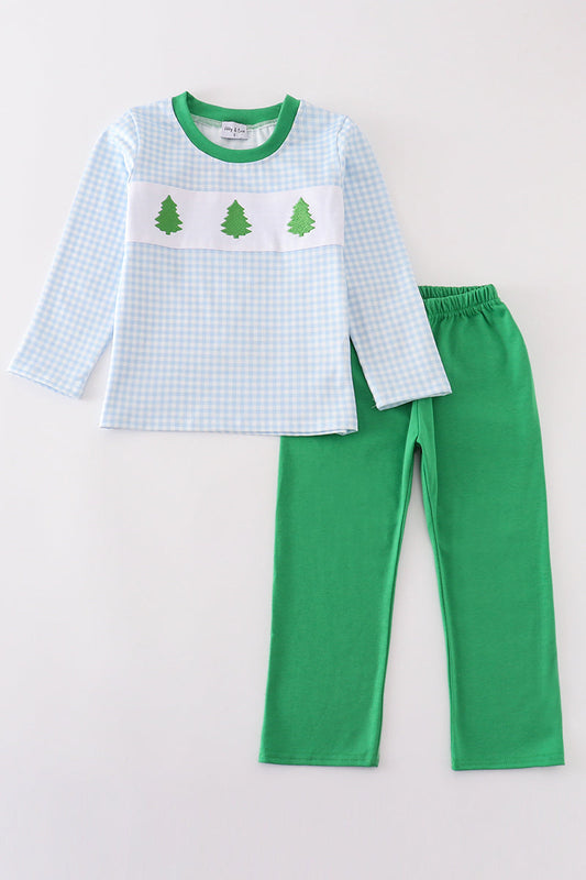 Green christmas tree applique boy pants set