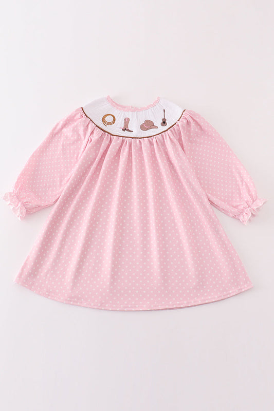 Pink dot smocked western embroidery girl dress