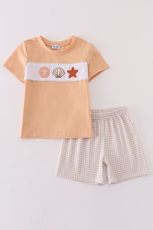 Khaki shells starfish french knot boy set