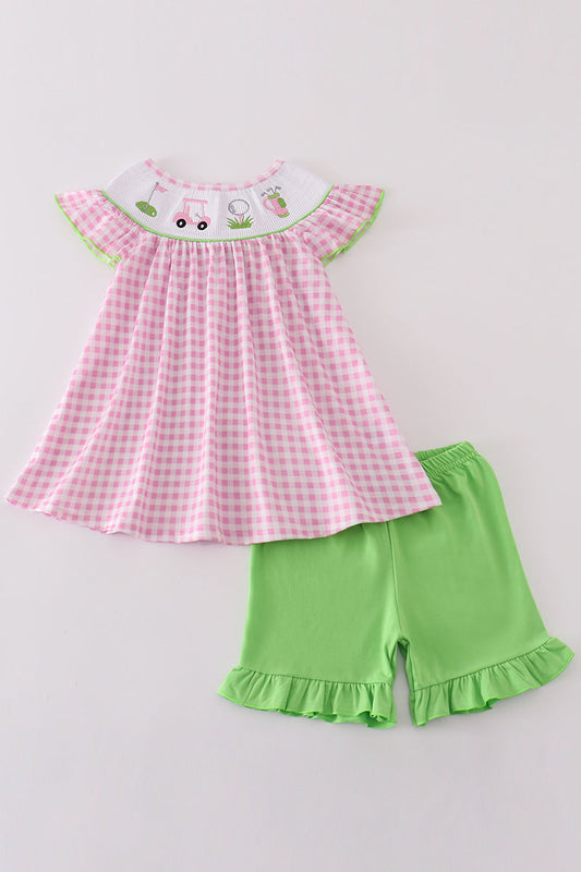 Pink golf embroidery gingham girl set