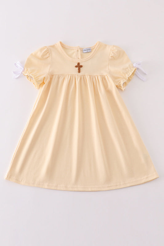 Beige easter cross french knot girl dress