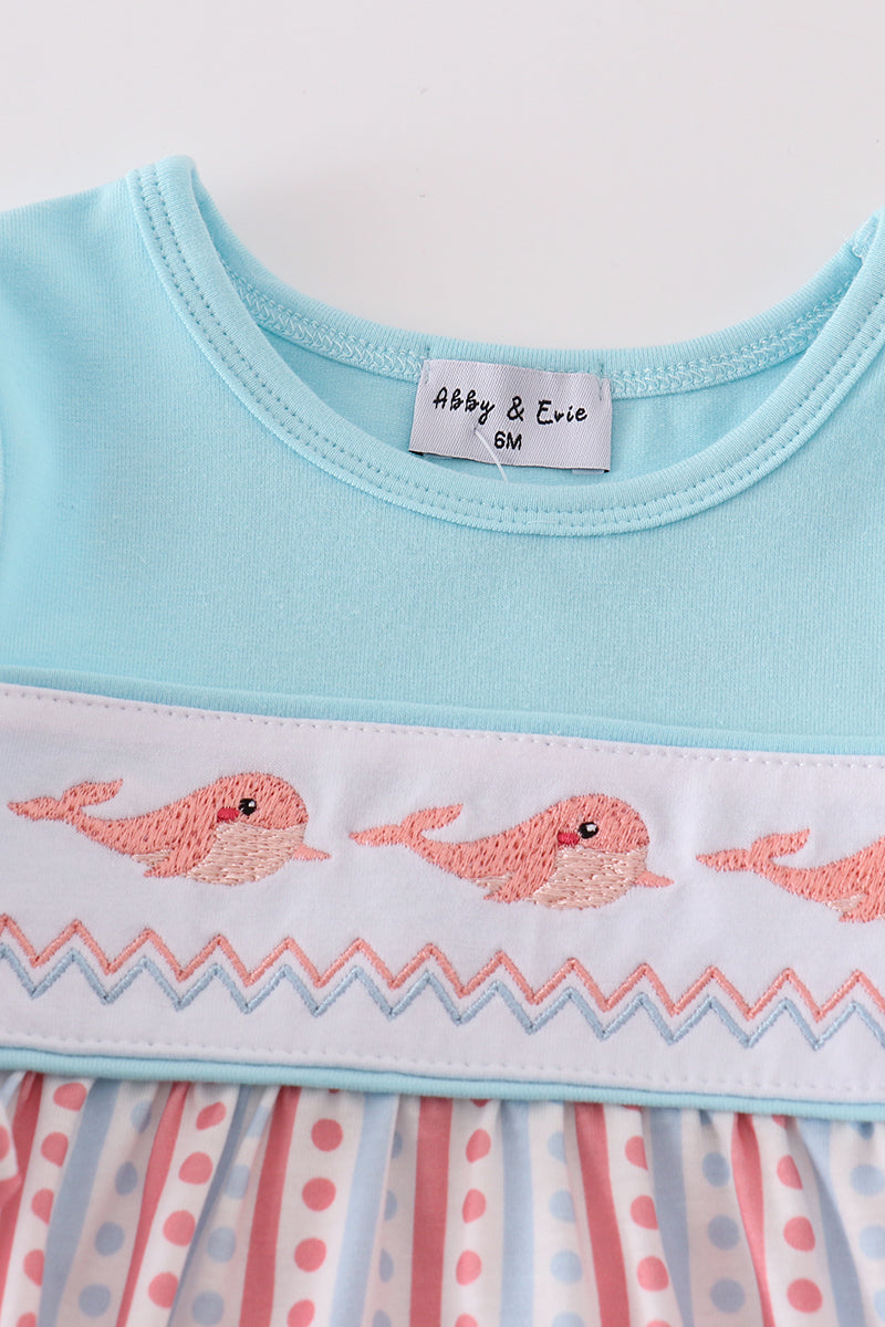 Blue whale embroidery girl bubble