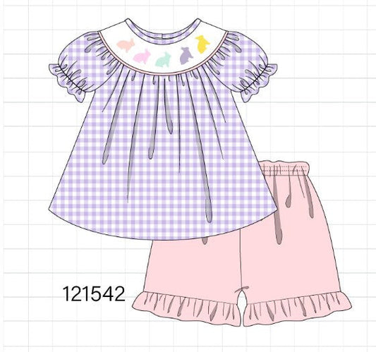 Purple bunny embroidery smocked girl set