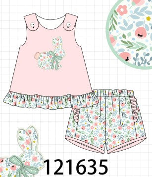 Pink floral bunny applique girl set