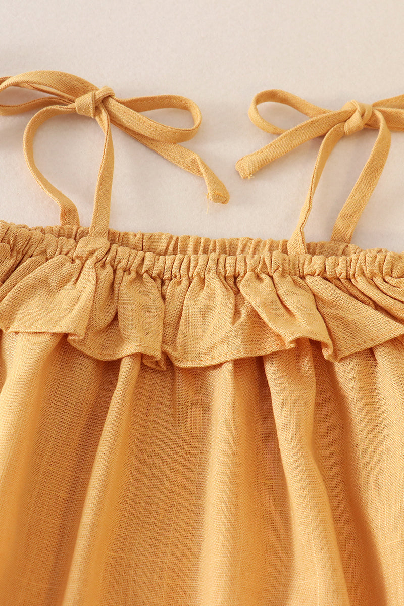 Mustard strap ruffle linen girl bubble