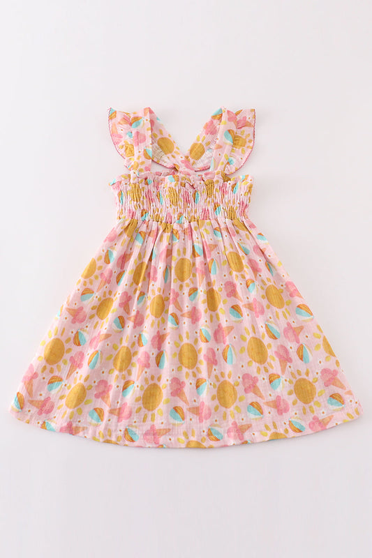 Premium Pink muslin sun ice cream smocked ruffle dress