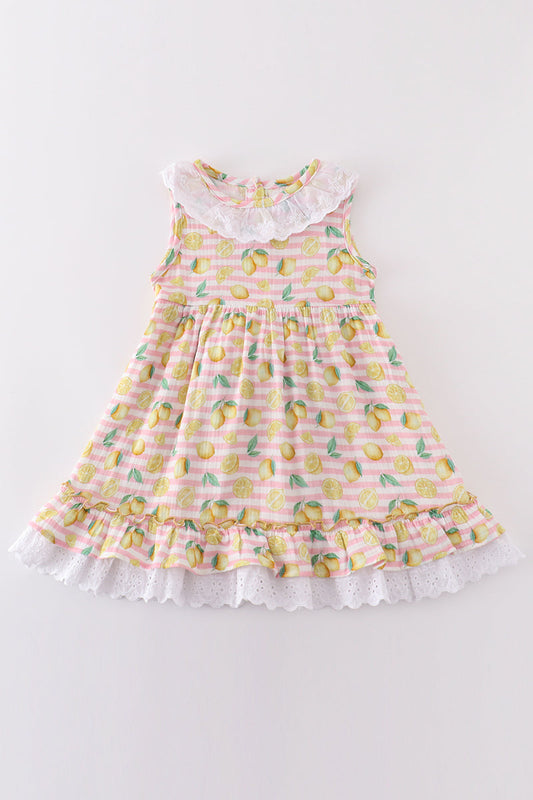 Premium Pink muslin stripe lemon ruffle dress