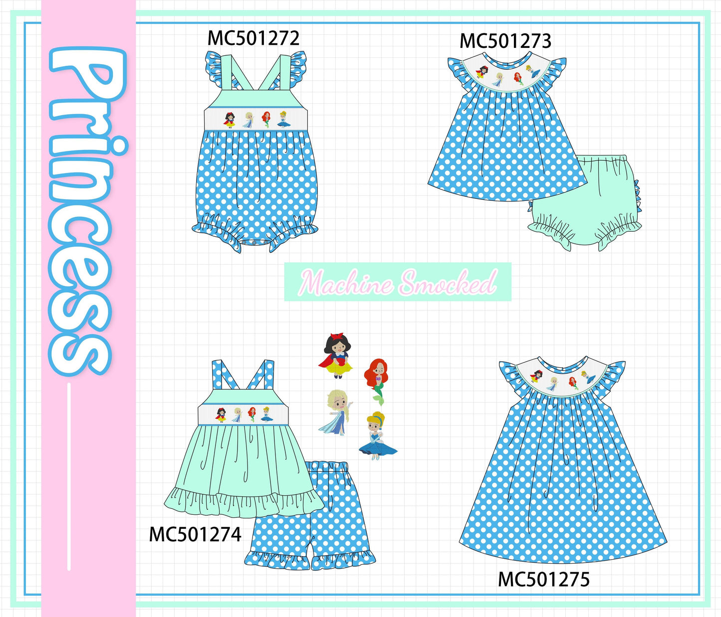 PO49 Blue princess embroidery smocked dot collection