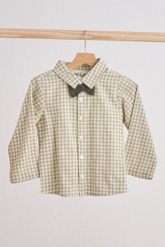 Green woven gingham bow flannel button down shirt