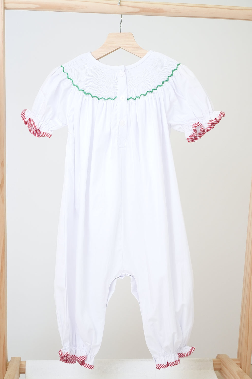 White Christmas tree hand smocked girl romper