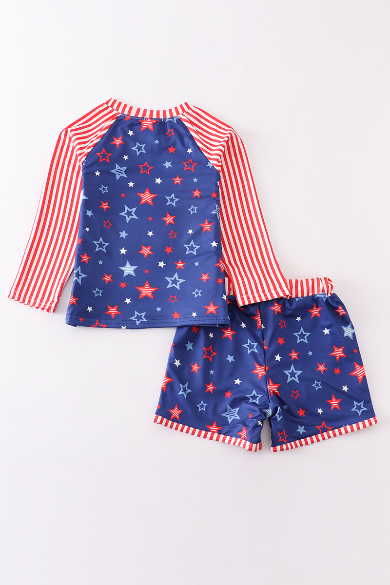 Navy Patriotic star print rashguard boy 2pc swimsuit