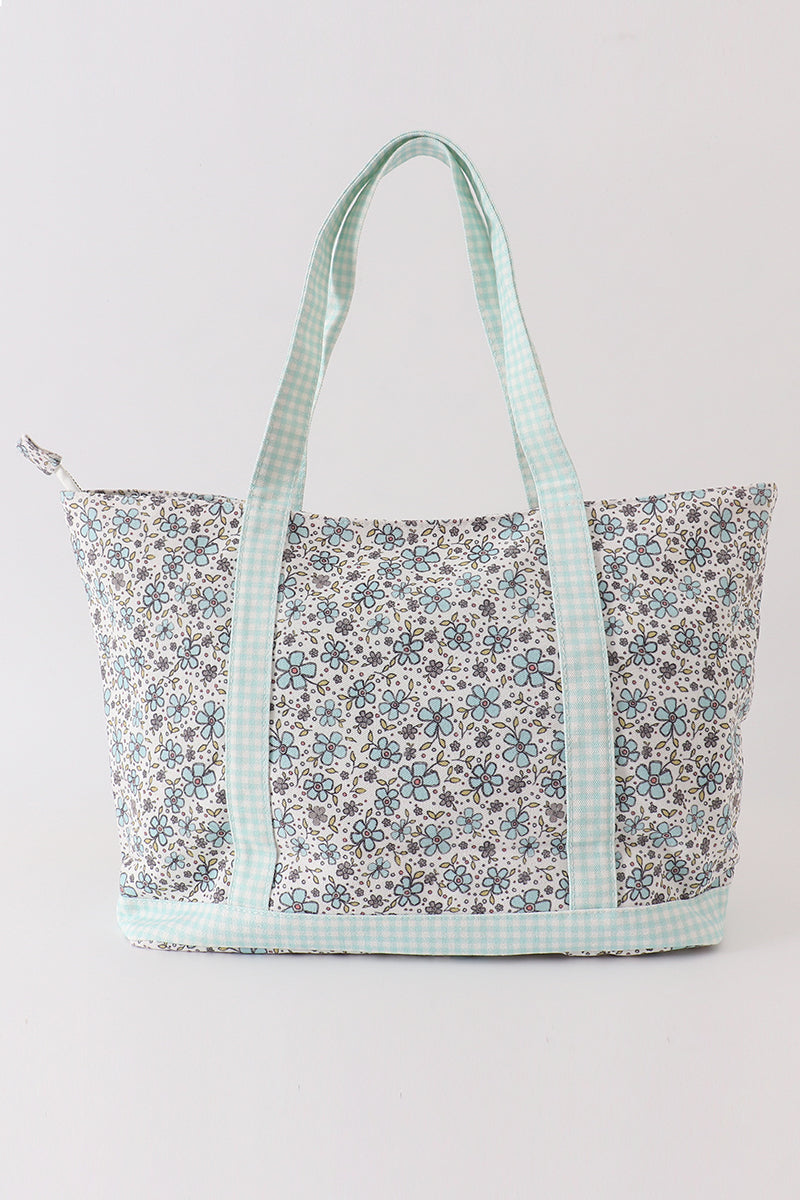 Green floral plaid tote bag