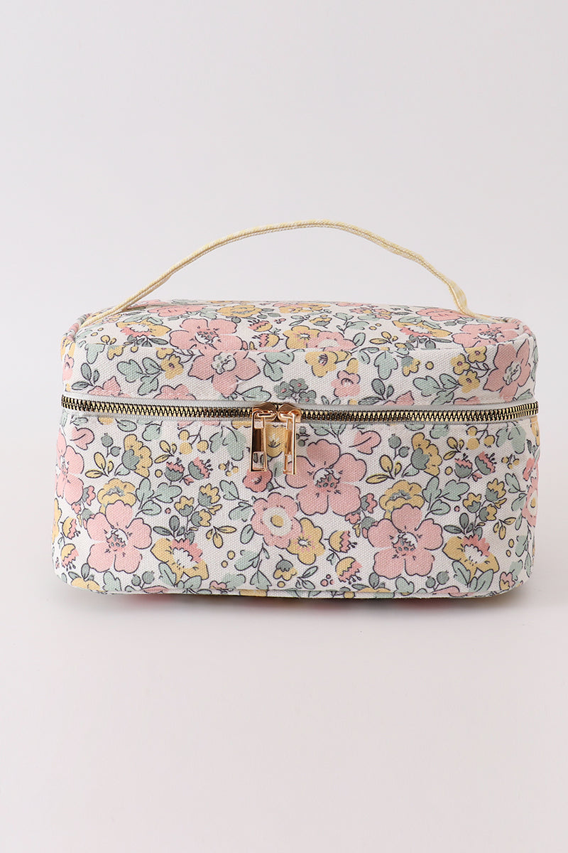 Yellow floral makeup bag