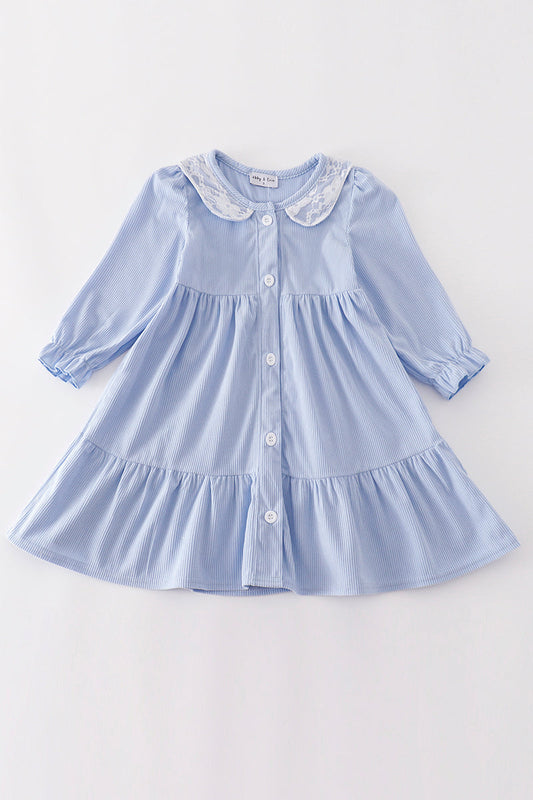 Blue corduroy lace ruffle girl dress