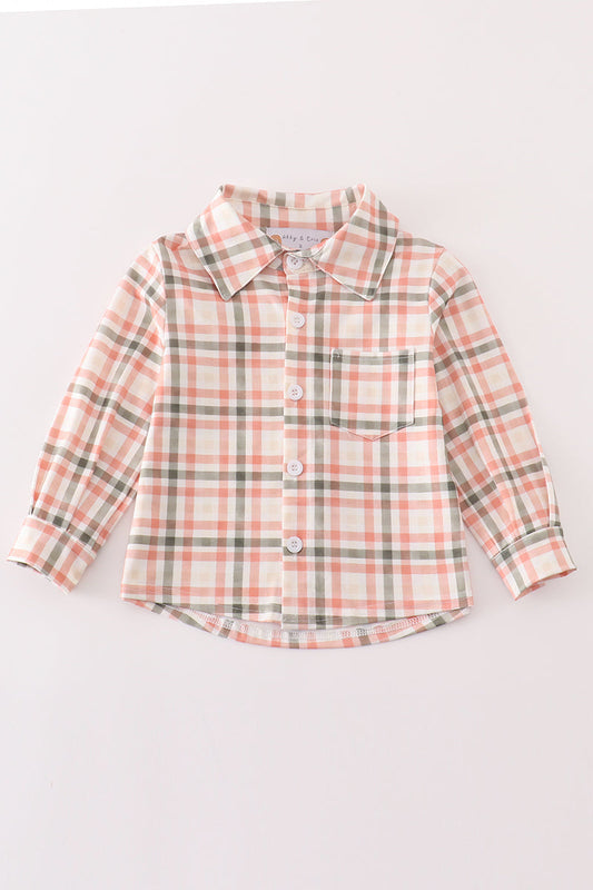 Green watercolor plaid boy button down shirt