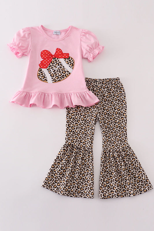 Pink leopard football applique girl set