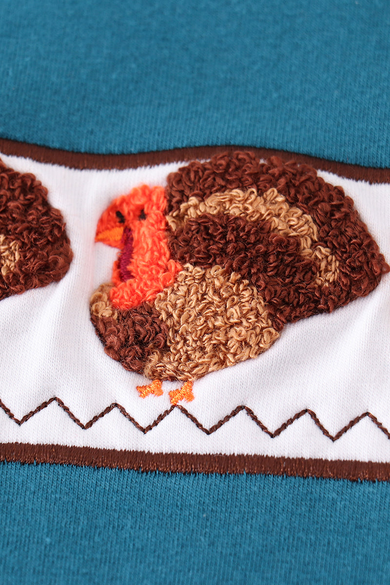 Brown plaid turkey french knot boy set