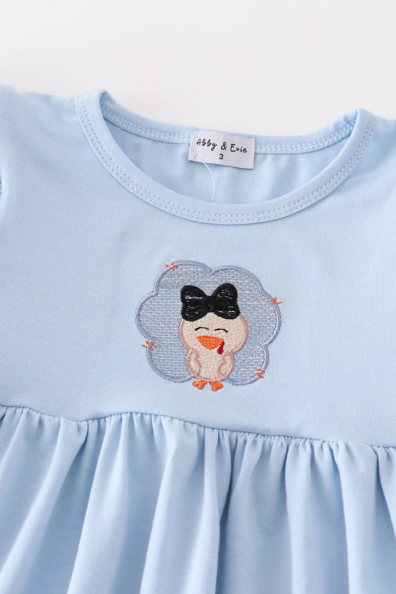 Blue thanksgiving turkey embroidery girl set