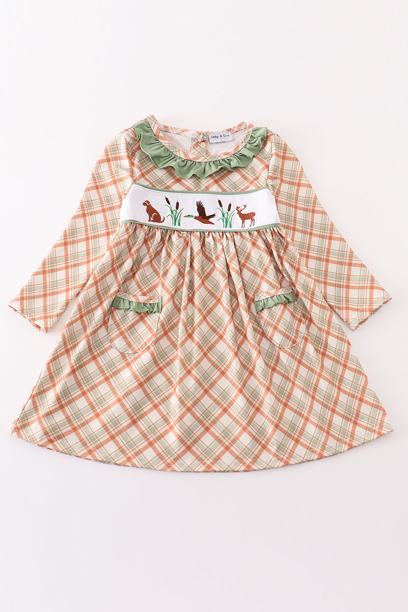 Green hunting duck embroidery girl dress