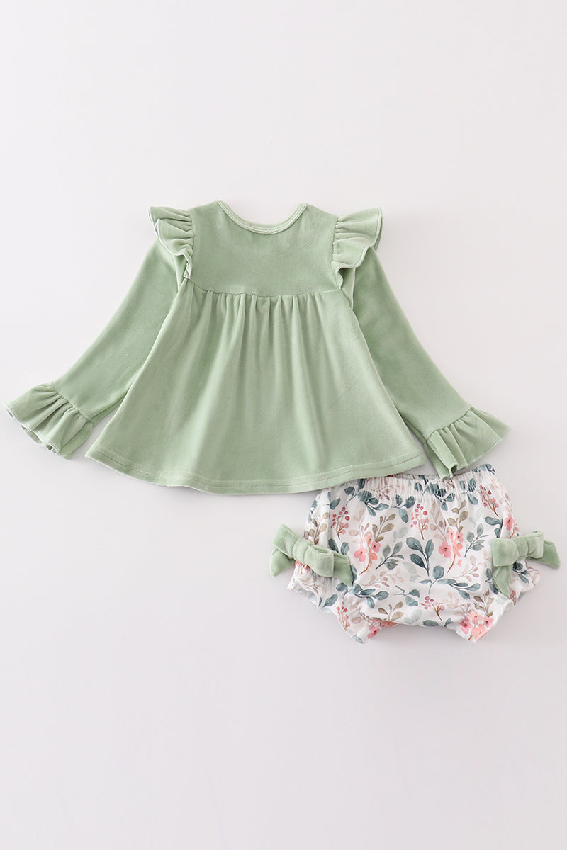 Sage floral print velvet ruffle baby set