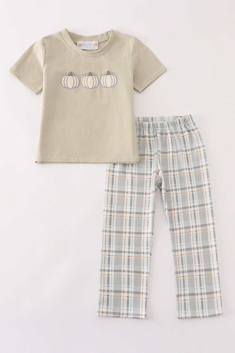 Pumpkin french knot plaid boy set