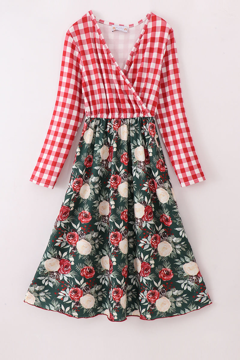 Red floral gingham mom&me dress