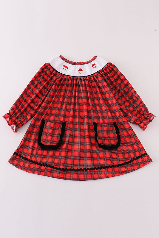 Red christmas santa embroidery smocked plaid bishop dress