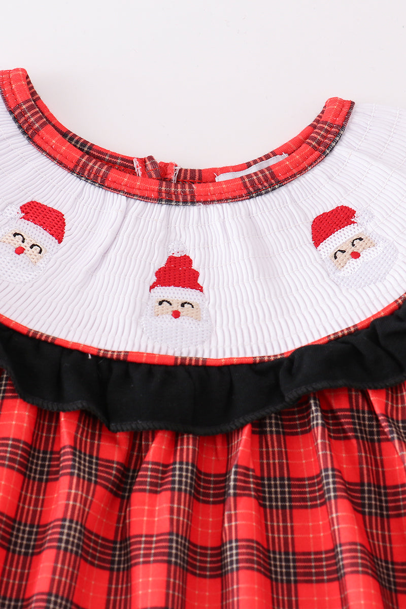 Red christmas santa embroidery smocked plaid bishop girl set