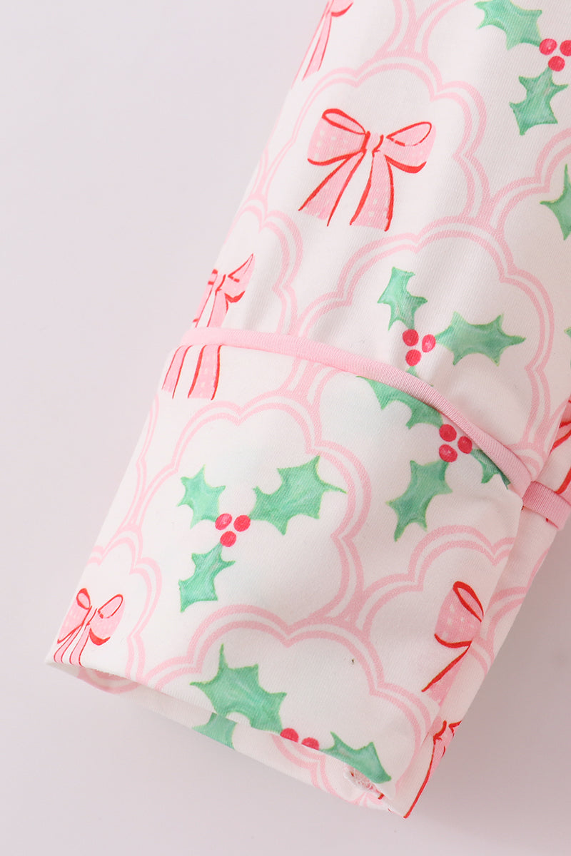 Pink christmas holly bow print women gown