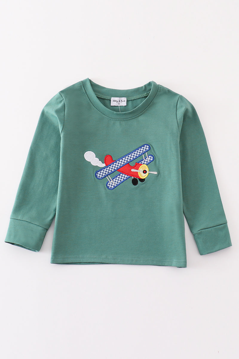 Green plane applique boy top