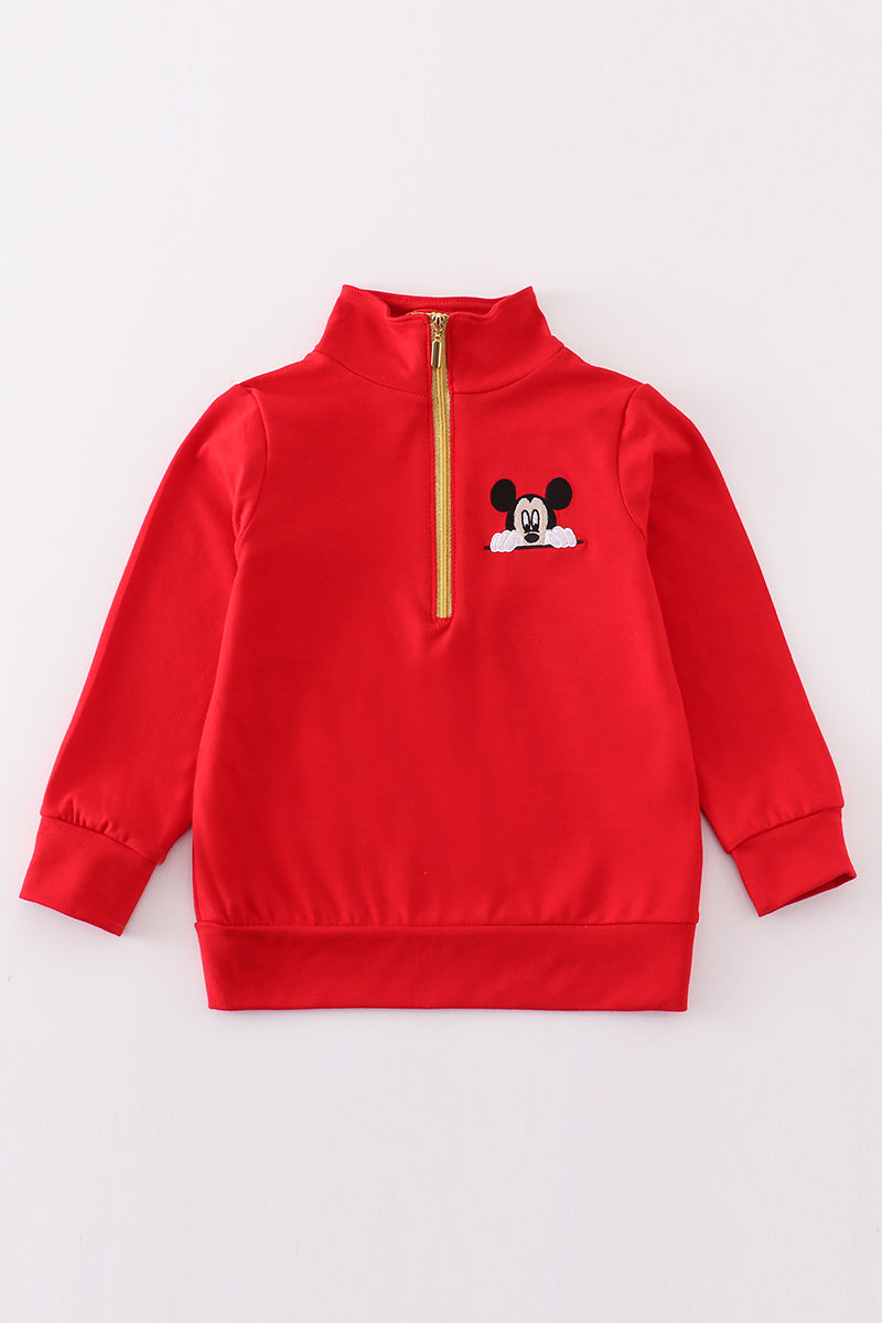 Red character embroidery boy zipper pullover