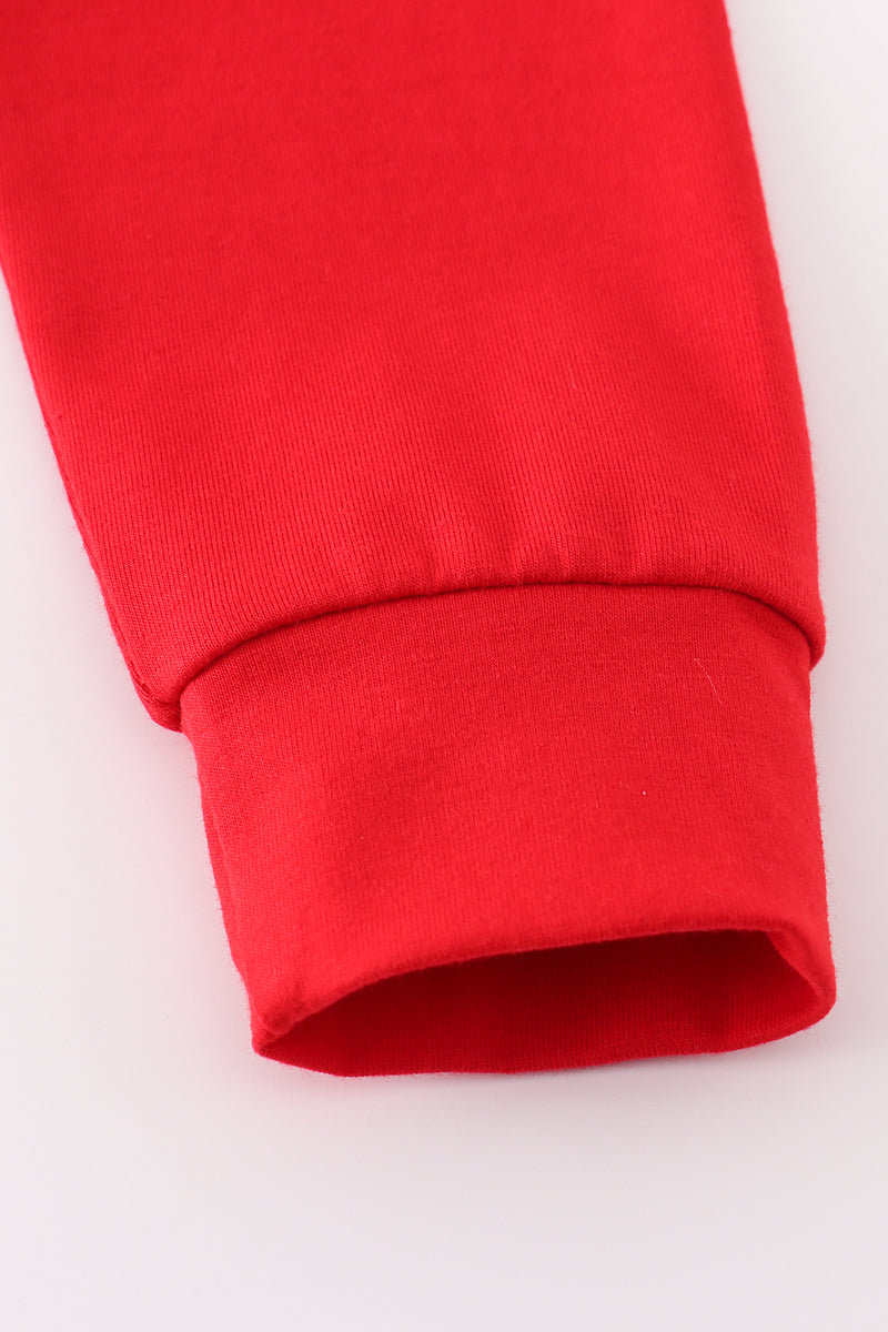 Red character embroidery boy zipper pullover