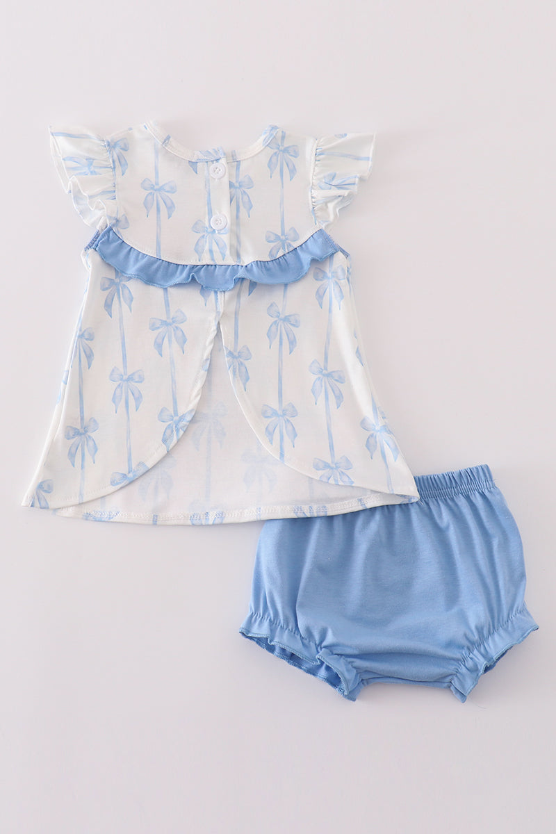 Blue bow ruffle girl bloomer set