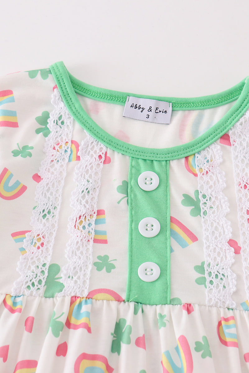 Green rainbow clover girl pants set