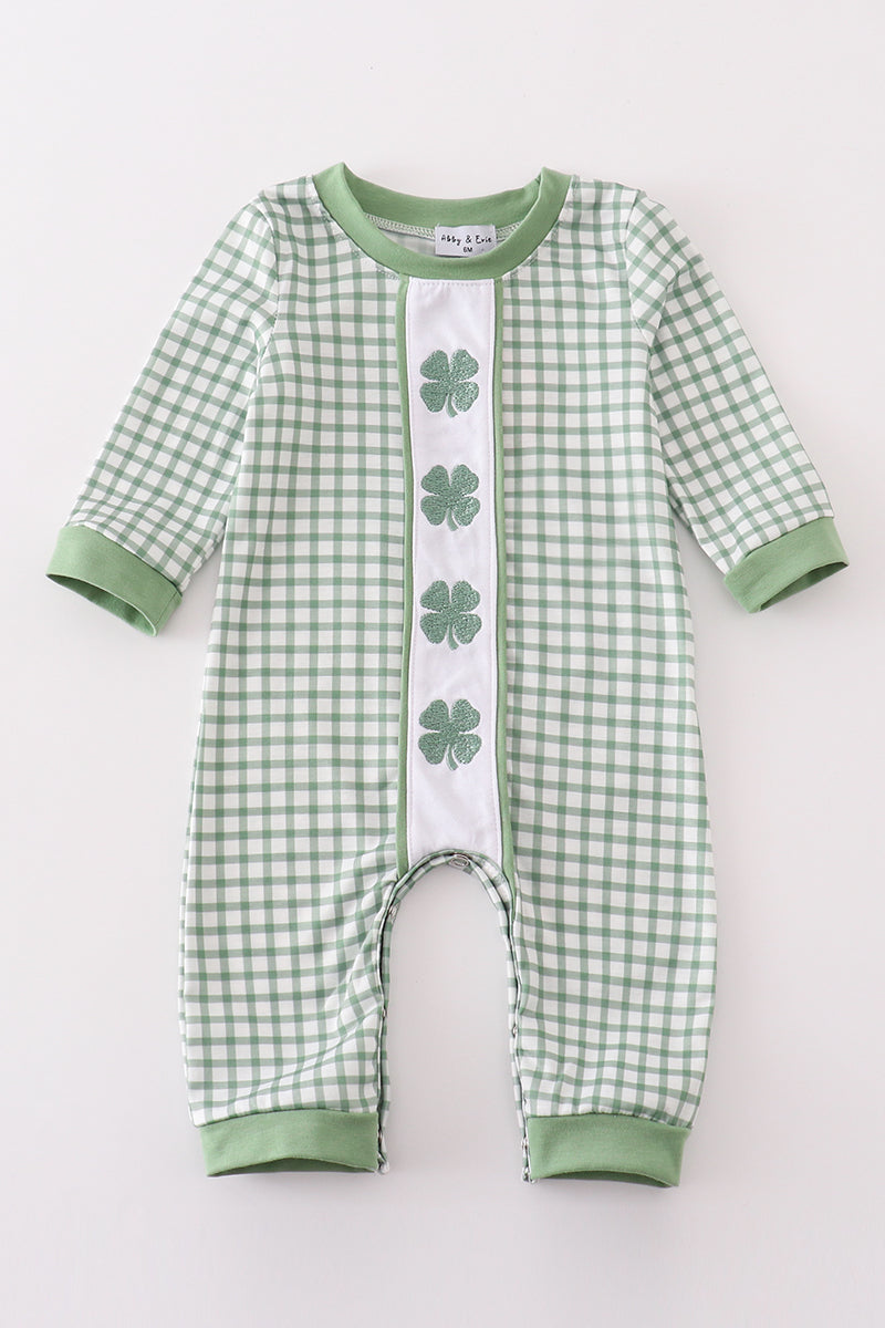 Green clover embroidery boy romper