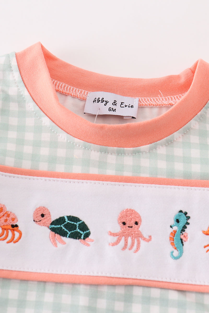 Coral & sage marine creature embroidery boy bubble