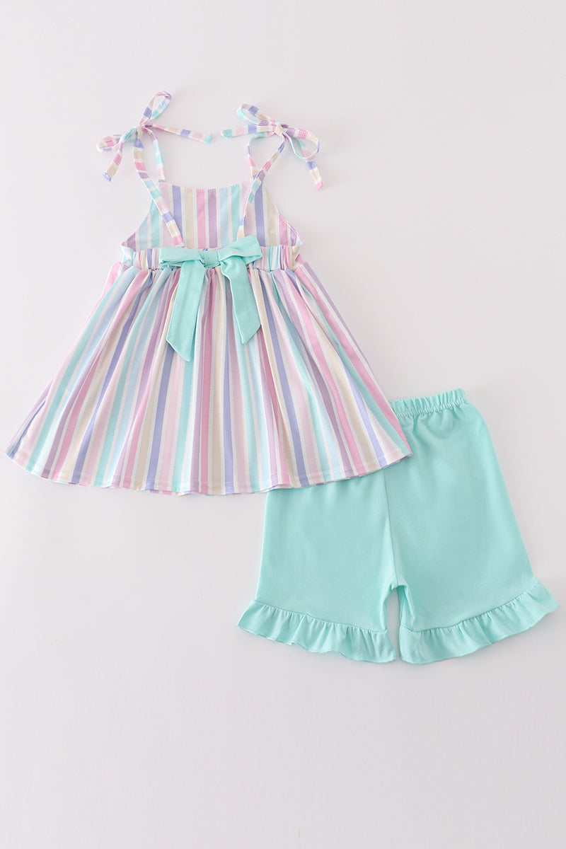 Multicolored stripe girl shorts set