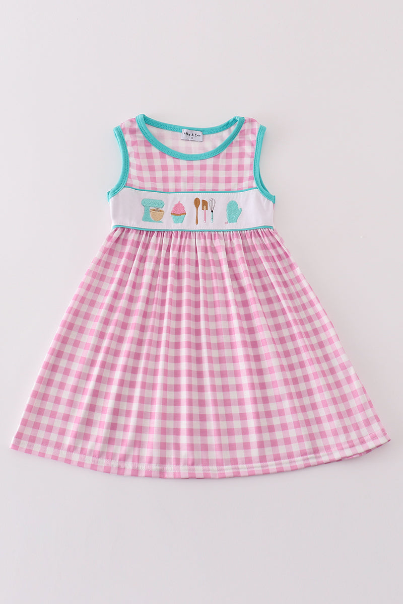 Pink Let's Bake Embroidery Girl Gingham Dress