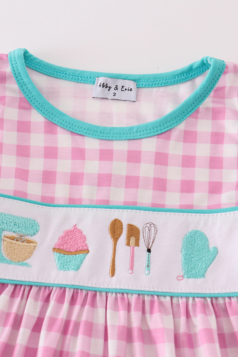 Pink Let's Bake Embroidery Girl Gingham Dress